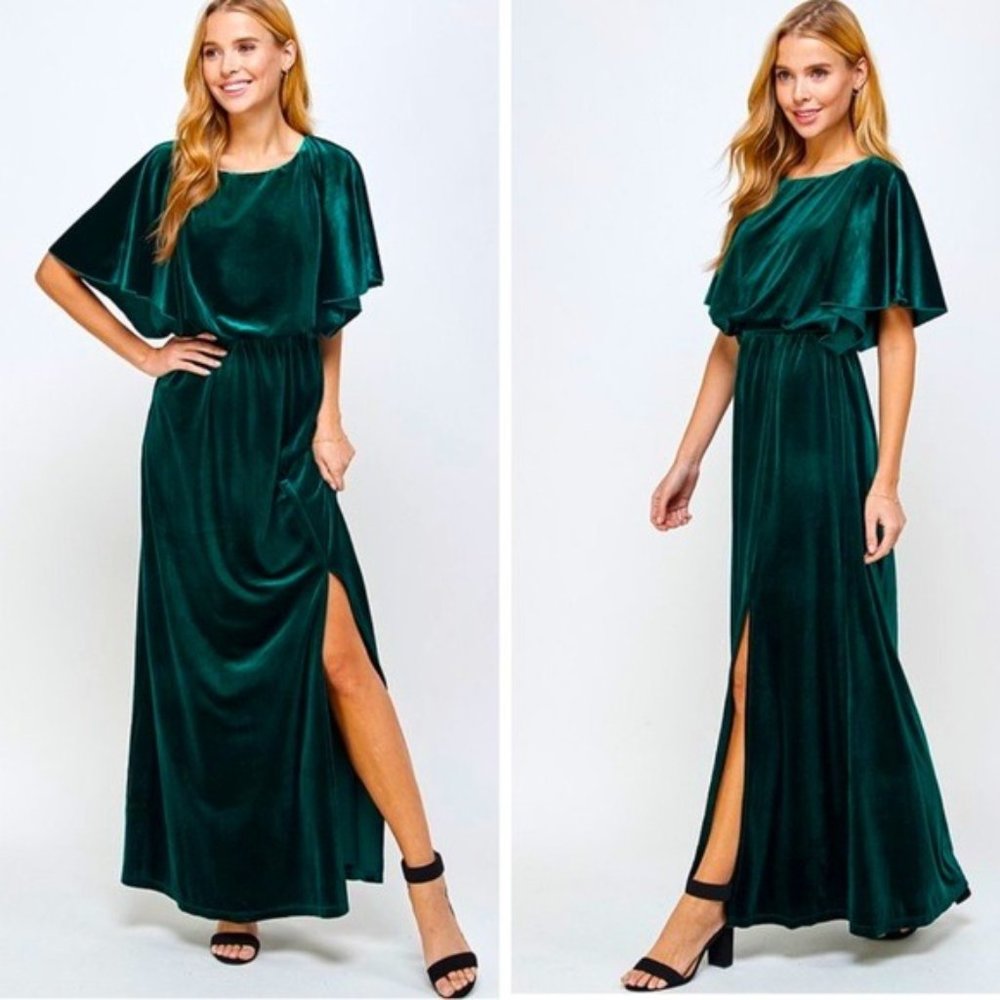 Emerald Green Velvet Caped Flutter Sleeve Formal Maxi Dress